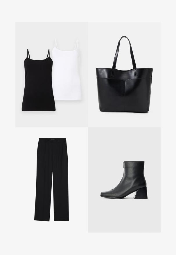 Sorte og hvide kvinders spaghetti strop camisoler vist side om side på en hvid baggrund.; Sorte bukser med en lige ben-design, der har to forlommer og en talje. Lavet af et glat, let stof.; Sort læderankelstøvle med firkantet tå, lynlås på siden og blokhæl mod en ensfarvet lys baggrund.; Sort læder tote taske med to lange håndtag, en glat tekstur og en struktureret form. Har en forlommem for ekstra opbevaring.