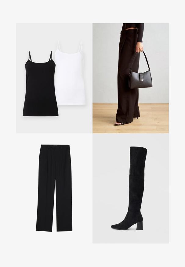 Svart och vit kvinnlig spaghettitröja med axelband, uppvisade sida vid sida på en vit bakgrund.; Svarta byxor med rak passform, som har två framfickor och midjeband. Tillverkade av ett mjukt, lätt tyg.; Svarta mocka knähöga stövlar med klack, spetsig tå och slät, sömlös design mot en ljus, enfärgad bakgrund.; Svart handväska med strukturerad form, slät yta och metallspänne. Matchad med vida svarta byxor och sandaler med öppen tå på trägolv.