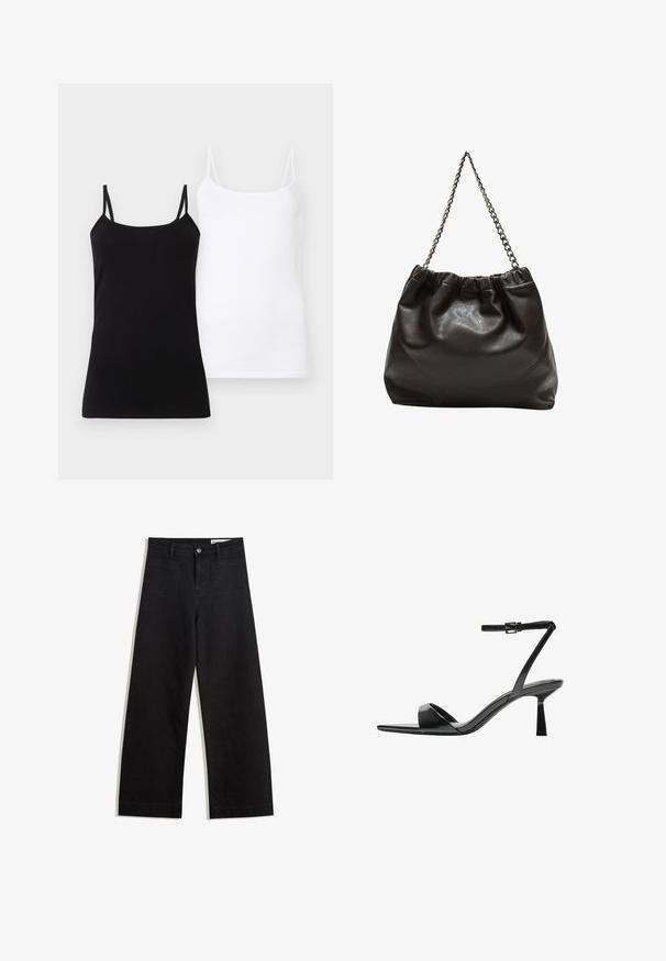 Czarno-białe damskie koszulki na ramiączkach, wyeksponowane obok siebie na białym tle.; Czarne dżinsowe spodnie o szerokich nogawkach i wysokim stanie, z przednimi i tylnymi kieszeniami, przeszyciami oraz zapięciem na guziki. Gładka struktura.; Bershka - Sandały na obcasie; Brązowa skórzana torba z marszczonym szczytem i łańcuszkowym paskiem. Gładka tekstura z błyszczącym wykończeniem i subtelnymi detalami szwów po bokach.
