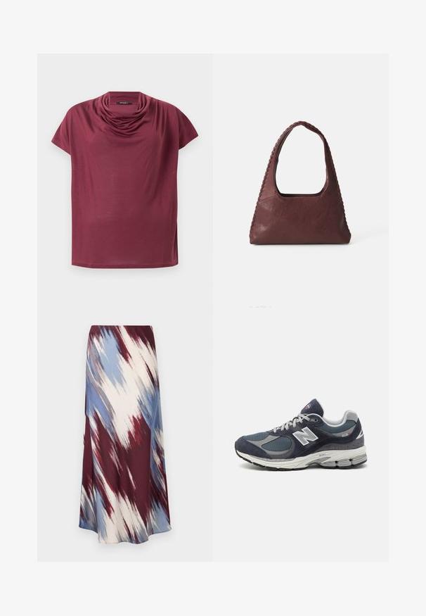 Kortærmet maroon skjorte med en draperet halshals, vist fladt på en hvid baggrund.; Lang nederdel med et diagonalt tie-dye mønster i bordeaux, blå og creme, lavet af blødt stof med en flydende silhuet og let glans.; New Balance sneakers med en navy mesh og ruskind overdel, grå accenter, hvidt logo, polstret sål og tekstureret detaljering.; Bordeaux læder håndtaske med trekantet form, åben top og fletdetalje langs håndtaget. Glat tekstur med mat finish.