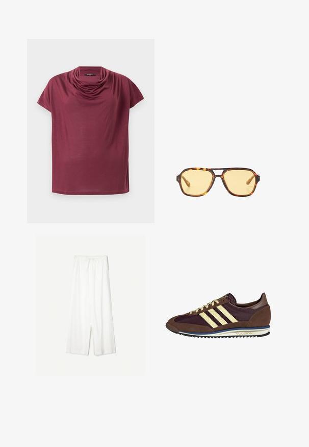 Kortærmet maroon skjorte med en draperet halshals, vist fladt på en hvid baggrund.; Hvide bukser med brede ben og snøre i taljen, vist imod en ensfarvet baggrund, som fremhæver deres afslappede stil og stoftekstur.; Brune og bordeaux sneakers lavet af ruskind og mesh-materialer, med tre cremefarvede striber, tekstureret stof på tungen, og en gummisål.; Skildpaddemønstrede solbriller med et geometrisk design, gule linser og metal detaljer på stængerne. Bredt stel og mat overflade.