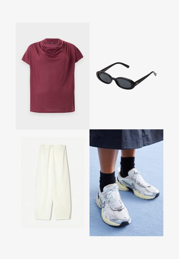 Rövid ujjú bordó ing, drapériás gallérral, fehér háttér előtt laposan elhelyezve.; Széles szárú br ifatóg a puha krém színű anyagból, sima textúrával, elülső zsebekkel és laza szabással, közepes derékszabással.; Fehér és ezüst Nike sportcipők hálós anyagból, fényvisszaverő részletekkel és bézs talppal. Fekete zoknival viselve, egy kék felületen állva.; Fekete, oversize napszemüveg ovális lencsékkel, sima műanyag kerettel és arany részletekkel a fülpánton. Sötét lencséi védelmet nyújtanak a napfény ellen.