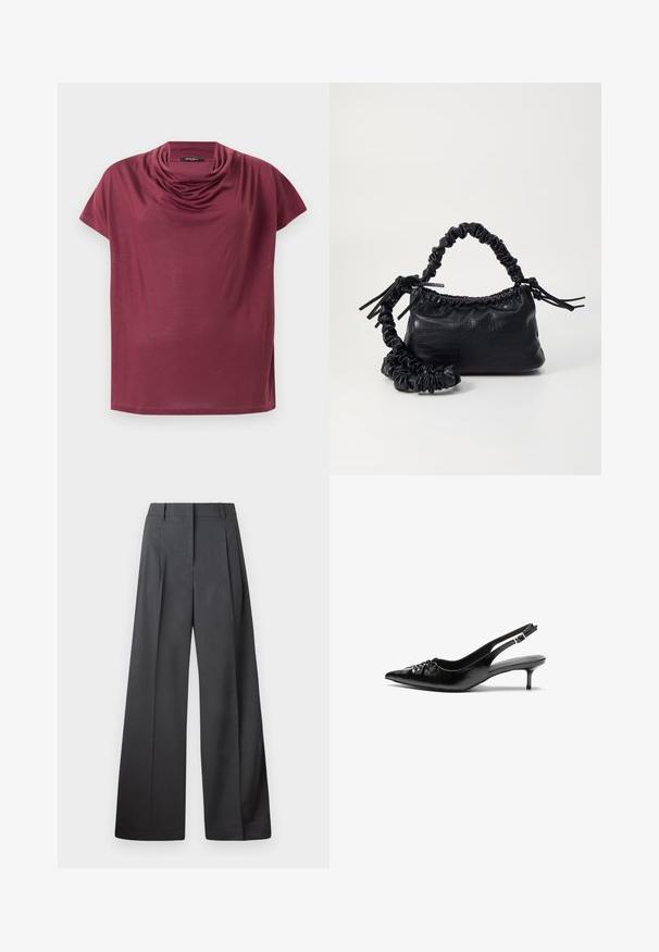 Short-sleeve maroon shirt with a draped cowl neckline, displayed flat on a white background.; Wide-leg trousers in dark gray fabric, featuring a high waist, single pleats, and a smooth texture with a clean finish at the hems.; Black leather slingback heels with a pointed toe, small kitten heel, and a decorative knot detail on the front. Smooth texture throughout.; Black faux leather handbag with a crocodile texture, cinched top, and a scrunched strap. Appears soft and compact in design.