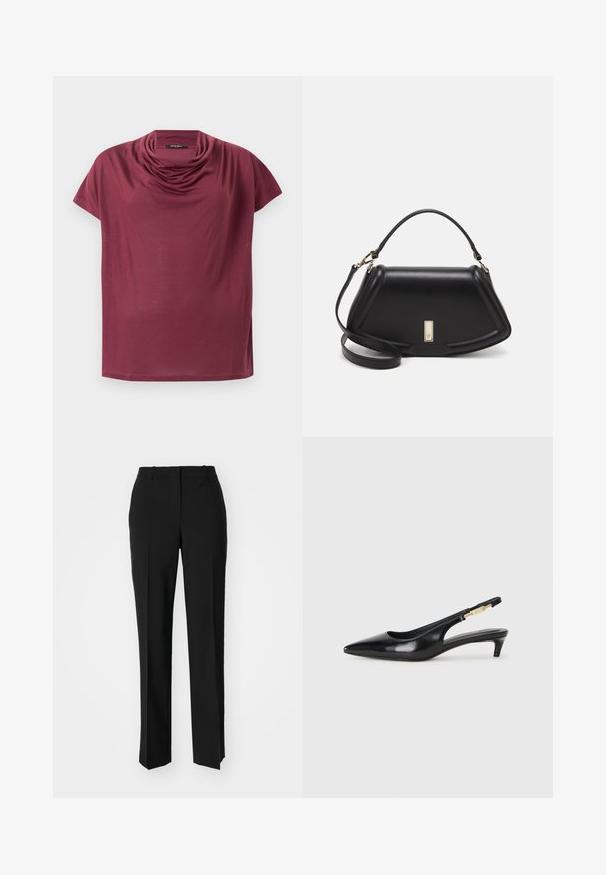 Krátký rukáv, vínová košile s volným límcem, vystavená na bílé podložce.; Černé kalhoty na míru se střihem do rovna, které mají hladkou texturu a ostré sklady na přední straně. Bez viditelného kování.; Černé kožené boty na podpatku s otevřenou patou a špičatou špičkou, s tenkým podpatkem a zlatým akcentem na nastavitelném pásku. Hladký povrch.; Černá kožená kabelka se strukturovaným designem, jejíž tvar je zkrácený, má horní rukojeť a zlaté kovové detaily. Součástí je i nastavitelný ramenní popruh.