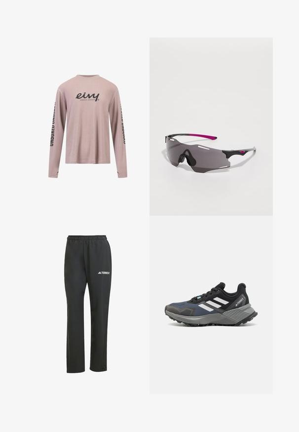 Lange mouwen, lichtroze top van ribstof. Heeft een ronde halslijn en zwarte bedrukte tekst op de mouwen en de borst.; Zwarte lichtgewicht broek met een elastische tailleband. Heeft een subtiel "TERREX" logo in het wit. Glad materiaal en rechtvallend ontwerp.; Sportschoen met bovenkant van mesh in zwart- en tinten blauw. Heeft witte strepen, grijze rubberen buitenzool en een gestructureerde tussenzool voor grip.; Sportzonnebril met een slank zwart frame, paarse accenten en donker getinte lenzen. Heeft een wraparound ontwerp met ventilatiesleuven.
