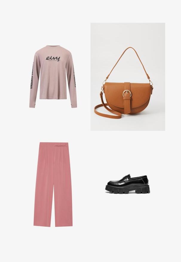 Long-sleeved, light pink top made of ribbed fabric. Features a round neckline and black printed text on sleeves and chest.; Wide-leg trousers in soft pink fabric, featuring pleats, an elastic waistband, and dual button closure at the front.; Black leather loafers with chunky rubber sole, decorative strap across the upper, and contrasting white stitching. Smooth texture with rounded toe.; Brown leather crossbody bag with a curved shape, gold hardware, and a buckle accent. Features a detachable shoulder strap.