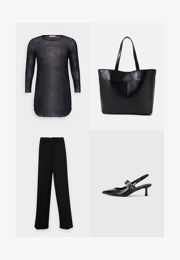 Fekete áttetsző tunika ruha háromnegyedes ujjakkal, kerek nyakkivágással és hullámos szegéllyel. Texturált anyag, finom fényességgel az egész felületen.; Fekete, széles szárú nadrág sima anyagból, klasszikus derékrésszel, gombzárral és elülső redőkkel.; Fekete lakkbőr slingback sarkú cipők hegyes orral és kis blokk talppal, ezüst csat díszítéssel a pánton.; Fekete bőr bevásárlótáska két hosszú fogantyúval, sima felülettel és strukturált formával. Elülső zseb található rajta a plusz tárolás érdekében.