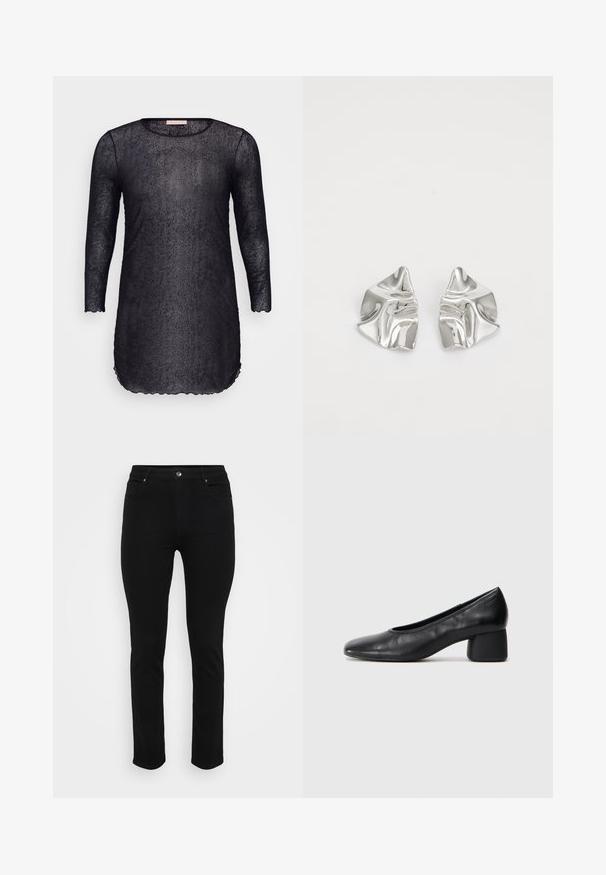 Fekete áttetsző tunika ruha háromnegyedes ujjakkal, kerek nyakkivágással és hullámos szegéllyel. Texturált anyag, finom fényességgel az egész felületen.; Fekete farmernadrág, slim fit szabásban, öt zsebbel, elöl gombos zárással és enyhe rugalmassággal a kényelem érdekében. Simaság, lapos textúra minimális részletezéssel.; Fekete bőr magassarkú cipő, lekerekített orral és közepes blokk sarkú. Simább textúrájú, minimális díszítéssel, finom elasztikus nyílással.; Ezüst fém fülbevalók hullámos, szobrászati kialakítással, fényes felülettel és szabálytalan formákkal, amelyek a kortárs esztétikát hangsúlyozzák.