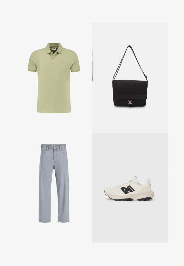Světle zelené polo tričko vyrobené z bavlny, s límečkem, dvěma knoflíky a malou vyšívanou logem na levé straně hrudi.; Světlé modré denimové džíny s uvolněným střihem, rovnými nohavicemi, viditelným šitím, dvěma předními kapsami a zapínáním na knoflík.; Svetle béžové tenisky s mřížkovou svrchní částí, černým logem a texturovanou podešví. S důrazem na geometrický vzor na mezipodešvi.; Černá messenger taška vyrobená z hladkého materiálu, s překlopným víkem, stříbrnými sponkami a nastavitelným ramenním popruhem.