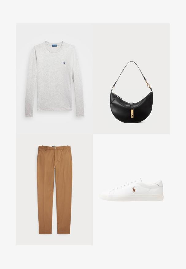 Pilkos spalvos medvilninė ilgomis rankovėmis marškinėliai su apskritu kaklu ir mažuoju mėlynu polo logotipu kairiajame krūtinės srityje. Minkšta, lengvos tekstūros medžiaga.; Rudos medvilnės kelnes su siauru siluetu, lygiu priekiu ir standartinėmis kišenėmis; sklandžios tekstūros ir apkarpytais rankogaliais.; Baltos odinės sportbačiai, žemo profilio, su lygia tekstūra, apvalia nosimi, raištelių sistema priekyje ir mažyte siuvinėta logo šone.; Juodos odos rankinė pusmėnulio forma. Papuošta auksinėmis detalėmis ir siaura juosta. Lygi tekstūra, užtrauktuko uždarymas viršuje.
