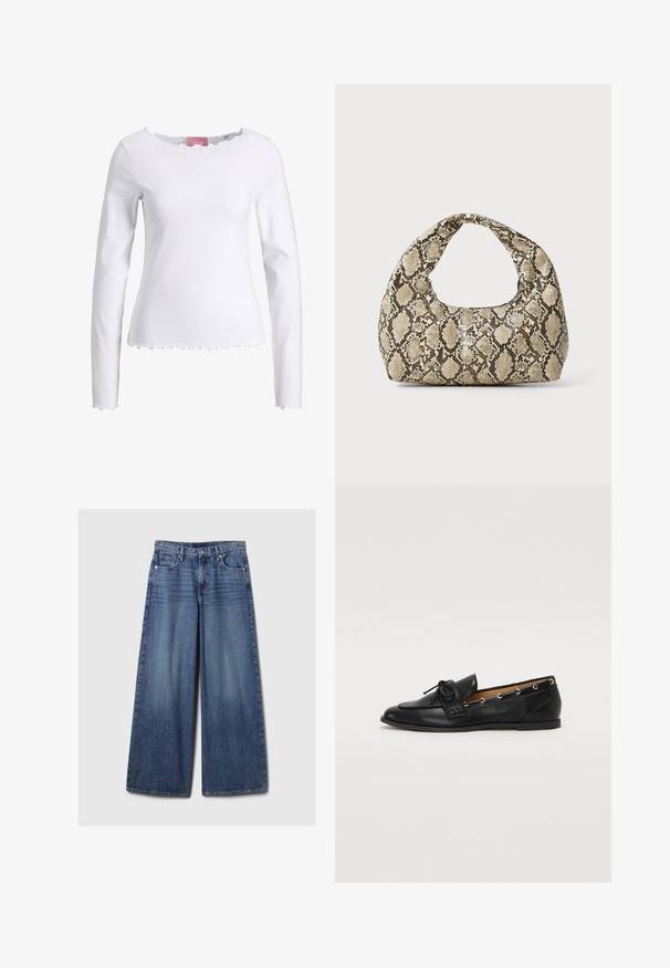 Top alb cu mânecă lungă, confecționat din bumbac. Dispune de un guler rotund cu margine ondulată și o tiv ondulat. Design simplu, ajustat.; Blugi din denim albastru cu picioare largi, având un finisaj uzat, cu închidere prin buton și fermoar, cinci buzunare și curea.; Mocasini din piele neagră cu fundiță legată, având accente aurii sub formă de ochiuri pe laterale și o talpă plată din cauciuc. Textură netedă, design clasic.; Geantă cu imprimeu de șarpe, având un mâner curbat. Fabricată din materiale texturate, bej și maronii, cu un model distinctiv în formă de diamant.