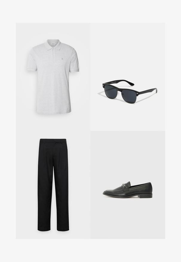 Hallhalli hall polosärk, mis on valmistatud puuvillast, klassikalise kraega, kahe nööbiga ja väikese brodeeritud logoga vasakul rinnal.; Mustad mustadest riietest, millel on sirge jalgade disain, kaks eesmist voltimist ja tavaline vöökoht, millel on vöökohad.; Must haveate nahkking punased, millel on sile viimistlus, tikitud muster ja dekoratiivne metallkett vampi üle. Tasane konts.; Mustad mustmikrooni kujuga mustad prillid, tumedate klaasidega, hõbedased detailid templite juures ja mati viimistlusega raam.