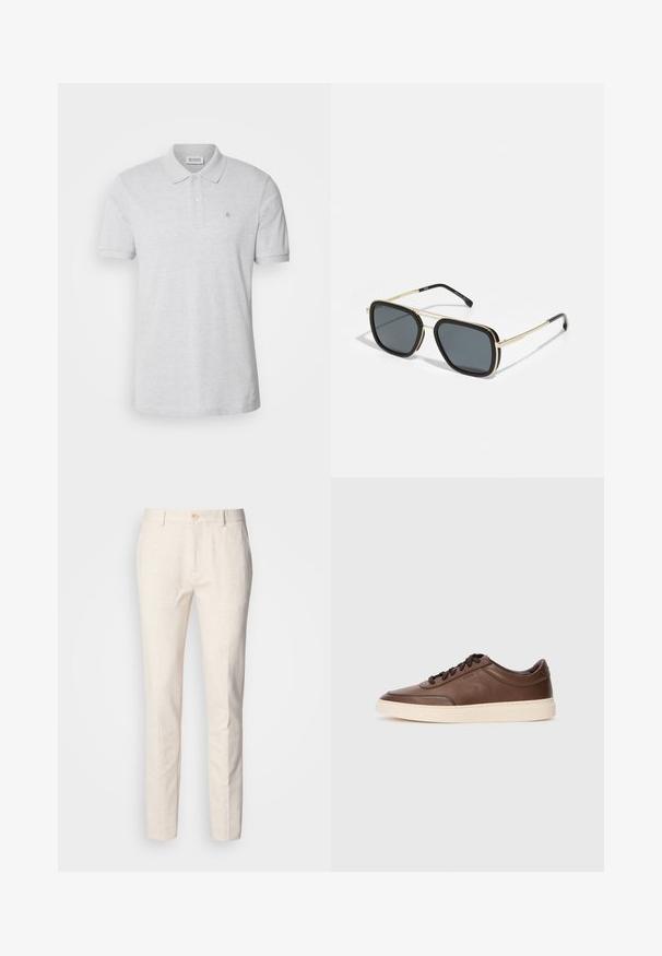 Grå polo skjorte laget av bomull, med klassisk krage, placket med to knapper og en liten brodert logo på venstre bryst.; Lys beige, skreddersydde bukser laget av mykt stoff. Har knappelukking, beltehemper, og en slank, rett ben-design med minimal tekstur.; Brune lærersneakers med en glat finish, rund tå og cremefarvet gummisål. Har sorte snørebånd og diskret branding på siden.; Svart og gull solbriller med firkantet form, metallramme, mørke grå linser og svarte temple spisser. Har dobbel bro-design.