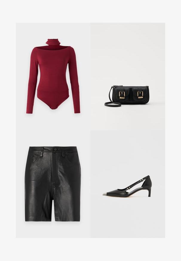 Bodysuit med långa ärmar, hög krage och en off-shoulder-design i en solid bordeauxfärg. Tillverkad av ett mjukt, stretchigt tyg.; Svarta lädershorts med en slät textur, utrustade med dragkedja fram, knappstängning och klassisk femfickdesign.; Svart läder kitten heel med spetsig silver-tåhätta och dubbla remmar med spänne på vit bakgrund.; Svart läderaxelväska med två framfickor, guldspännen, dragkedjestängning och en smal rem. Texturerad yta och kompakt rektangulär form.