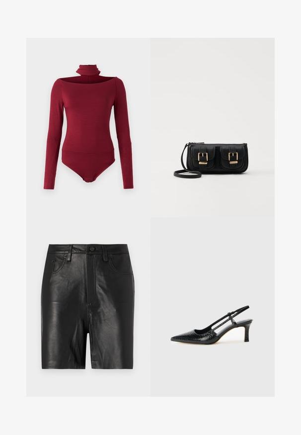 Bodysuit med långa ärmar, hög krage och en off-shoulder-design i en solid bordeauxfärg. Tillverkad av ett mjukt, stretchigt tyg.; Svarta lädershorts med en slät textur, utrustade med dragkedja fram, knappstängning och klassisk femfickdesign.; Svart lackskin slingback-häl med spetsig tå, med texturerad ormskinnsprint, justerbar rem och en kort, texturerad blockklack.; Svart läderaxelväska med två framfickor, guldspännen, dragkedjestängning och en smal rem. Texturerad yta och kompakt rektangulär form.