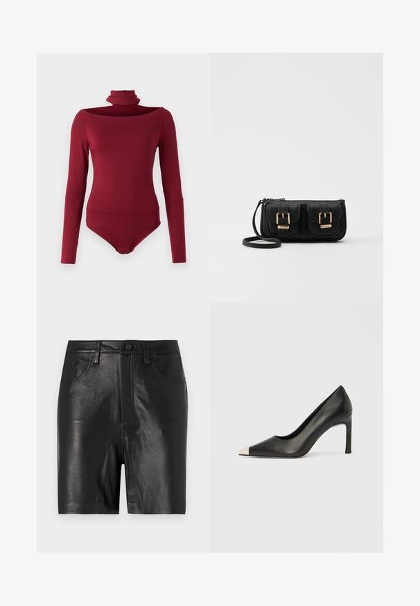 Bodijs ar garām piedurknēm, augstu apkakli un bezsniega dizainu vienkrāsainā bordo krāsā. Izgatavots no mīksta, elastīga auduma.; Melnas ādas šorti ar gludu tekstūru, aprīkoti ar priekšējo rāvējslēdzēju, pogu aizdari un klasisko piecu kabatu dizainu.; Melns ādas augstpapēžu kurpes ar smailu purngalu un metāliski sudraba uzgali. Ir gluda apdare un slaids 10 cm augsts papēdis.; Melnas ādas crossbody soma ar divām priekšējām kabatām, zelta sprādzēm, ar rāvējslēdzēju aizdari un šauru siksnu. Strukturēta virsma un kompakta taisnstūra forma.