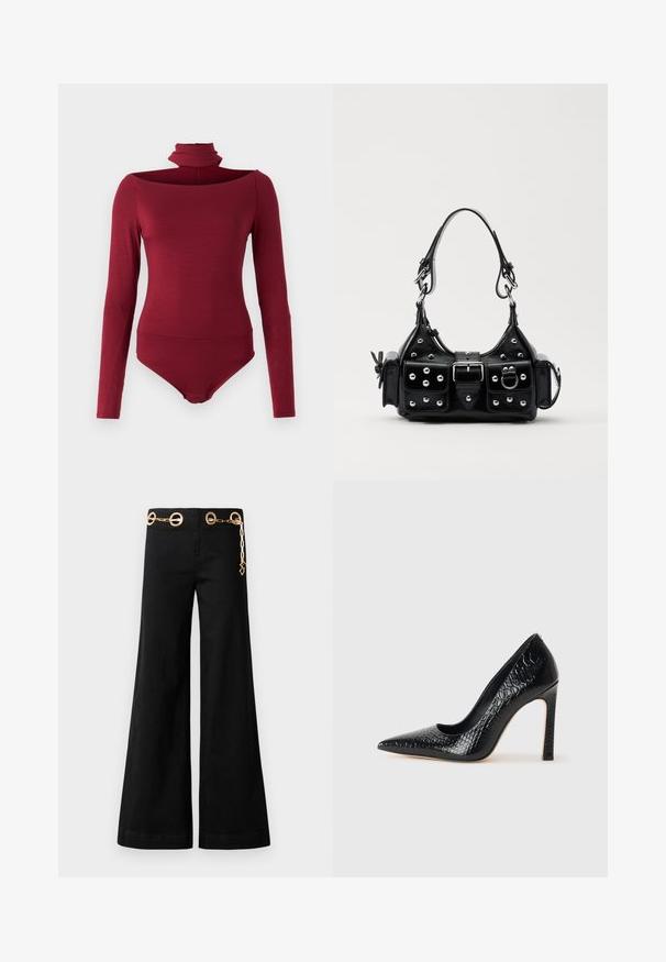 Body cu mâneci lungi, guler înalt și design off-shoulder, de culoare burgundă solidă. Fabricat dintr-un material moale și elastic.; Pantaloni largi negri din bumbac, având accesorii circulare aurii și un detaliu din lanț pe talie. Textură netedă, croială curată.; Pantofii cu toc înalt, ascuțiți, de culoare neagră, cu textură de piele de crocodil, având un design elegant, toc în stil stiletto și interior neted de culoare neagră.; Geantă de piele neagră cu un design curbat, dotată cu studuri argintii, o cataramă și două buzunare laterale. Curea ajustabilă pentru opțiuni de transport.