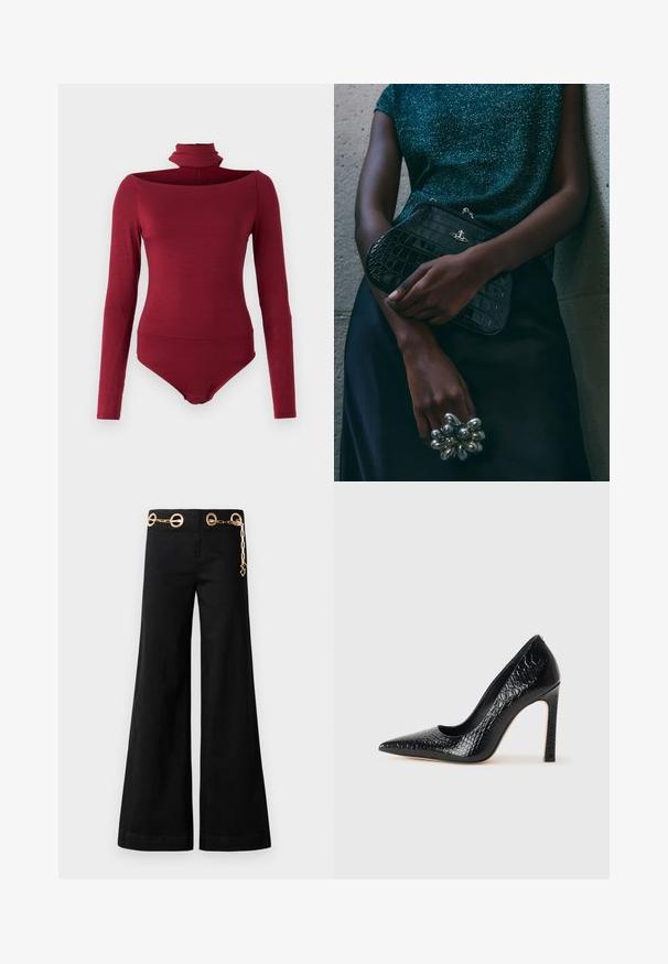 Ilgas rankoves bodidė su aukštu apykakle ir nugara palikta atvira, vientisos burgundiškos spalvos. Pagaminta iš minkštos, tamprios medžiagos.; Juodi plačiakojai kelnės, pagamintos iš medvilnės, su auksiniais apvaliais aksesuarais ir grandinės detale ant juosmens. Lygi tekstūra, švarus pjūvis.; Juoda smailiakulnė aukšto kulno bateliai su krokodilo odos tekstūra, pasižymintys elegantišku dizainu, aukštu stiletu kulnu ir lygia juoda vidine dalimi.; Juodas krokodilo odos rašto vakarėlis su sidabriniais aksesuarais, laikomas prieš tekstūruotą pilką foną. Pasižymi blizgiu paviršiumi.