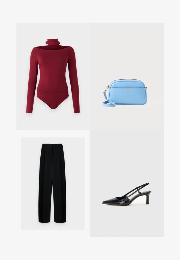 Body med lange ermer, høy krage og off-shoulder design i en solid burgunderfarge. Laget av et mykt, elastisk stoff.; Svart vide bukser med høy livhøyde, med folder og en glatt tekstur. Stoffet virker lett og faller elegant.; Sorte patent slingback hæl med spids tå, featuring tekstureret slangeskind, justerbar rem og en kort, tekstureret blokhæl.; Lys blå skinn crossover-veske med gulltonet detaljer, glidelås lukking og en frontlomme. Har justerbar stropp for ekstra bekvemmelighet.