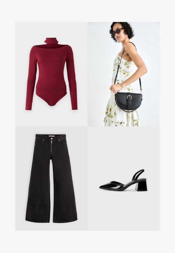 Bodijs ar garām piedurknēm, augstu apkakli un bezsniega dizainu vienkrāsainā bordo krāsā. Izgatavots no mīksta, elastīga auduma.; Platas kājas džinsi melnā džinsa audumā ar rāvējslēdzēju priekšā, piecu kabatu dizains un smalkas šuvju detaļas. Gluda tekstūra un ikdienišķs stils.; Melna lakota āda ar atvērto papēdi, ar smailu purngalu un ģeometrisku blokpapēdi. Iezīmējas elegants, minimāls dizains un gluda tekstūra.; Melnas ādas rokassoma ar izliekta formu, noņemamu siksnu un zelta aksesuāriem. Somai ir vāciņš ar sprādzes detaļu.