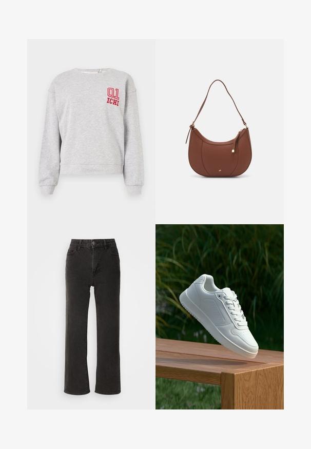 Gray sweatshirt with long sleeves, crew neck, and ribbed cuffs; features red embroidered "01" and "ICHI" on the left chest.; Black wide-leg jeans made of denim, featuring a front button closure, belt loops, and five pockets with a slightly faded texture.; White sneaker with a smooth synthetic upper, perforated toe box, flat laces, and a textured sole, displayed on a wooden surface.; Brown faux leather shoulder bag with curved shape, minimal stitching, and a gold-tone hardware accent. Features a top zipper closure and adjustable strap.