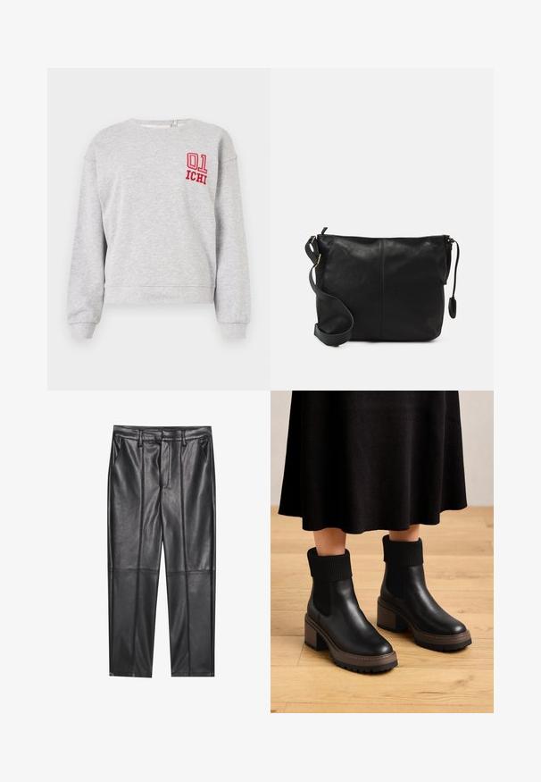 Felpa grigia con maniche lunghe, colletto a giro e polsini a coste; presenta la scritta rossa ricamata "01" e "ICHI" sul petto sinistro.; Pantaloni in pelle nera con una texture liscia, caratterizzati da un fit dritto, due tasche frontali e dettagli delle cuciture in evidenza.; Stivaletti neri in pelle con polsini in tessuto a costine, tacco chunky marrone e suola testurizzata. Finitura liscia con pannelli laterali elasticizzati.; Borsa a tracolla in pelle nera con forma piatta, dettagli in metallo dorato e tracolla regolabile. Texture liscia con dettagli di cucitura minimi.