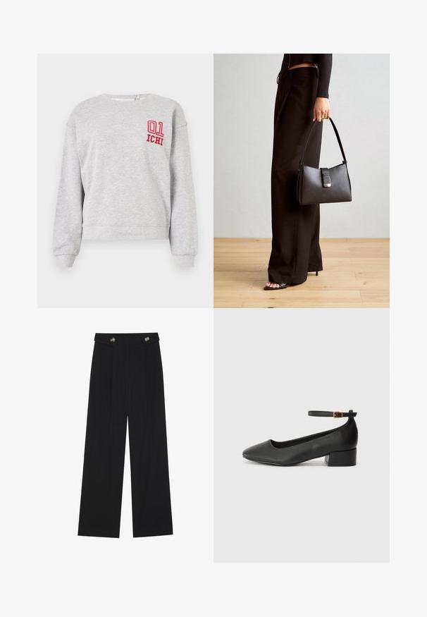 Gray sweatshirt with long sleeves, crew neck, and ribbed cuffs; features red embroidered "01" and "ICHI" on the left chest.; Black wide-leg trousers with high waist, button details on waistband, and front pleats.; Black leather pump with a pointed toe and a low block heel. Features an ankle strap with a gold-tone buckle. Smooth texture.; Black handbag with structured shape, smooth texture, and a metallic clasp. Paired with wide black pants and open-toe sandals on wooden floor.