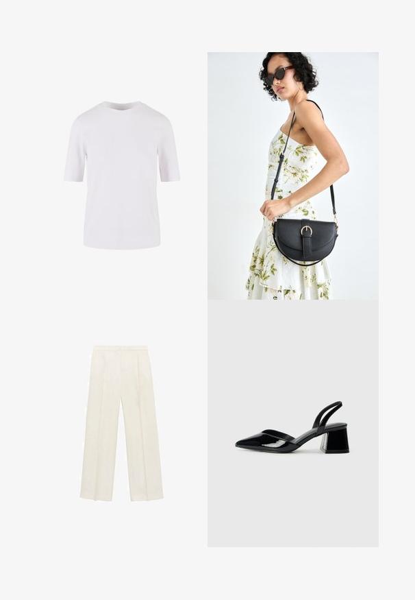 Bijela majica s kratkim rukavima od glatkog pamuka. Ima okrugli izrez i ravni kroj, bez uzoraka ili ukrasa.; Hlače širokog kroja u svijetloj krem boji. Izrađene su od glatkog materijala s plisama sprijeda i bočnim džepovima.; Crne lakirane kožne sandale s otvorenom petom i špicastim vrhom, s geometrijskom blok petom. Imaju elegantan, minimalistički dizajn i glatku teksturu.; Crna kožna torba s lukovitim oblikom, odvojivim remenom i zlatnim detaljima. Torba ima preklop s kopčom.