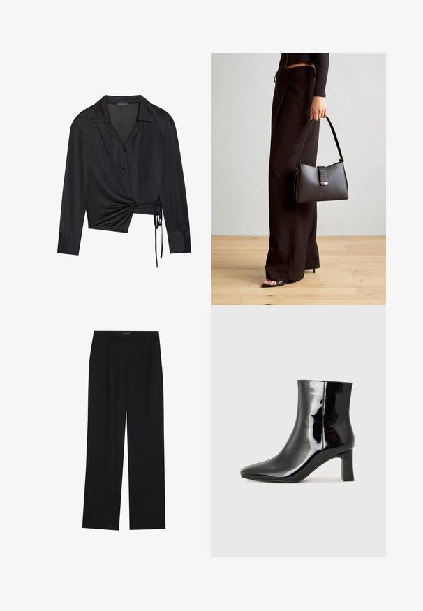 Musthave musta ülikondadega pluus, millel on pikad varrukad, krae ja esiküljel keerutamine. Valmistatud sujuvast kangast, millel on veidi läbipaistv tekstuur.; Mustad püksid sirgjoonelise disainiga, millel on kaks esist taskut ja muudatus. Valmistatud siledast, kergekaalulisest kangast.; Must-sinine nahkjalats musta läikiva viimistlusega, millel on terav nina ja keskmise kõrgusega plokk konts. Sile tekstuur ja minimalistik disain.; Must musta kott, millel on struktureeritud kuju, sile tekstuur ja metallist klamber. Kombineeritud laiate mustade pükstega ja avatud varvaste sandaalidega puidust põrandal.