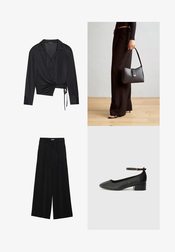 Svart innpakningsbluse med lange ermer, kragesnipp og vridd detalj foran. Laget av glatt stoff med en lett gjennomsiktig tekstur.; Svart vide bukser med teksturert stoff, elastisk midje og avtagbart belte som gir justerbar passform.; Sorte skinnpumper med spiss tå og lav blokkhelt. Har ankelrem med gullfarget spenne. Glatt tekstur.; Svart håndveske med strukturert form, jevn tekstur og metallisk lås. Kombinert med brede svarte bukser og sandaler med åpen tå på tregulv.