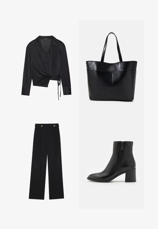 Svart omslagblus med långa ärmar, krage och frontdetalj med twist. Tillverkad av ett glansigt tyg med en lätt genomskinlig textur.; Svarta vida byxor med hög midja, knäppdetaljer i midjan och framfickor.; Svarta ankelboots i glättat läder med en sidodragkedja. Har en spetsig tå och en texturerad klack för stabilitet.; Svart läder tote-väska med två långa handtag, en slät yta och en strukturerad form. Har en framficka för extra förvaring.