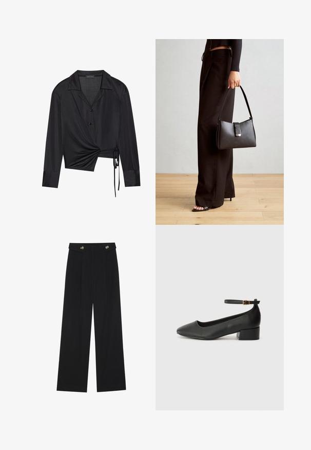 Schwarze Wickelbluse mit langen Ärmeln, Kragen-Hals Ausschnitt und Vorderseite mit Twist-Detail. Hergestellt aus glattem Stoff mit einer leicht durchscheinenden Textur.; Schwarze weite Hosen mit hoher Taille, Knopfdetails am Bund und vorderen Falten.; Schwarze Lederpumps mit spitzem Zehenbereich und niedrigem Blockabsatz. Mit einem Knöchelriemen und einer goldfarbenen Schnalle. Glatte Textur.; Schwarze Handtasche mit strukturierter Form, glatter Textur und einem metallischen Verschluss. Kombiniert mit weiten schwarzen Hosen und offenen Sandalen auf einem Holzboden.