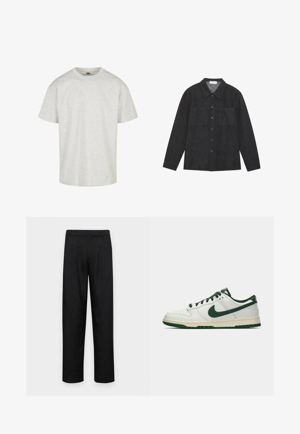 Világosszürke pamut póló rövid ujjakkal, kerek kivágással és laza fazonnal. Textúrált anyag, enyhén melírozott mintával.; Sötétszürke, texturált anyagból készült ing, hegyes gallérral, gombos elejével és két mellzsebbel. Hosszú ujjak, gombos mandzsettával.; Fekete nadrág sima anyagból, egyenes szárú fazonnal, két elülső redővel és közönséges derékkal, övhurkokkal.; Fehér, alacsony szárú sneaker sötétzöld Nike swoosh-zsal, fűzőkkel és talp kiemelésekkel, profilból bemutatva egy sima fehér háttér előtt.