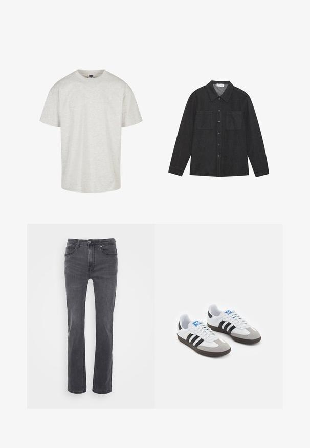 Light gray cotton t-shirt with short sleeves, a crew neckline, and a relaxed fit. Textured fabric with a subtle heathered pattern.; Dark gray shirt made of textured fabric, featuring a pointed collar, button front, and two chest pockets. Long sleeves with buttoned cuffs.; Gray denim jeans with a straight leg design, featuring front pockets and a classic button closure. Smooth texture with subtle fading.; Sport shoes with a white leather upper, gray suede toe, and three black stripes. Features a blue logo on the tongue and a textured rubber sole.