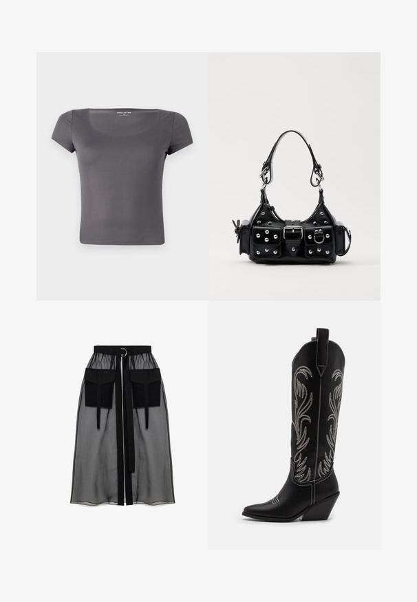 Siva majica s kratkimi rokavi in okroglim izrezom, izdelana iz gladkega, raztegljivega materiala. Ima oprijet kroj in diskreten logotip.; Črna prozorna krila z nabranim pasom, ki ima dva velika sprednja žepa, pas za zavezovanje in okroglo kovinsko dekoracijo.; Črne usnjene kavbojske čevlje s koničastimi prsti, klinastimi petami in srebrnimi vezeninami cvetnega vzorca po vsej dolžini. Kontrastno šivanje povsod.; Črna usnjena torbica s ukrivljenim dizajnom, ki vsebuje srebrne žebljičke, zaponko in dve stranski žepki. Nastavljiv trak za različne možnosti nošenja.