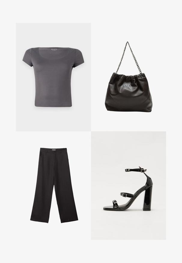 Grå kortärmad t-shirt med rundad halsringning, tillverkad av ett mjukt, stretchigt material. Har en figurnära design och en diskret logotyp.; Svarta vida byxor i slät väv, med dragkedja fram och två sidofickor, med skräddarsydd passform och minimalistisk design.; Svarta lackerade klacksandaler med fyrkantig tå, ankelremmar och silverfärgade spännen. Har en kraftig blockklack för stabilitet.; Brun läderväska med rynkad topp och kedjesnodd. Slät textur med en blankslipad yta och subtila sömdetaljer på sidorna.