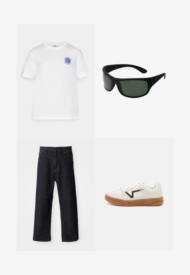 Hvid bomulds t-shirt med korte ærmer, der har et blåt og rødt basketballgrafik og tekst, rund halsudskæring og lige kant.; Mørkeblå denim bukser med lige ben-design, der har gule syninger, forlommer og knaplukning i taljen.; Hvide atletiske sneakers med en ruskindsstruktur, der har et sort logo-detalje, gummisål og flade snørebånd. Rent, moderne design.; Sort indpakningssolbriller med mørkegrønne linser. Mat finish, buet design, lige arme og diskret branding på siden.