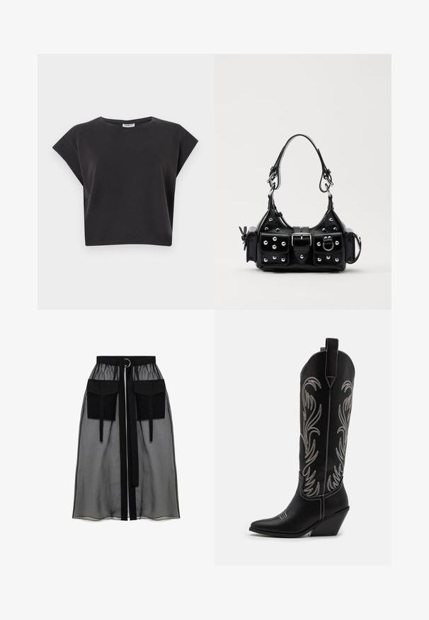 Must beebi T-särk on valmistatud pehmest puuvillast, lühikeste varrukatega, ümmarguse kaeluse ja mugava lõikega, ilma nähtavate mustrite või aksessuaarideta.; Must mustriga seelik, millel on kogutud vöökoht, kaks suurt esitaskut, vöötie ja ringikujuline metallaktsent.; Mustad mustad nahast cowboy saapad terava ninaga, vööndkanna ja hõbedaste tikanditega lillemustritega varred. Kontrastõmblused üle kogu.; Must värvi nahast käekott, millel on kaarjas disain, hõbedased nupukesed, kinnitusahe ja kaks külgtaskut. Reguleeritav rihm erinevate kandmisvõimaluste jaoks.