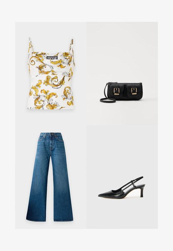 Versace Jeans Couture HAM - Felső - white/gold; Kék farmer széles lábú nadrág magas derékkal, enyhe kopással, klasszikus öt zsebes dizájnnal és elöl gombos zárással.; Fekete lakk slingback sarok, hegyes orral, texturált kígyómintával, állítható pánttal és rövid, texturált tömbsarkal.; Fekete bőr keresztbody táska két elülső zsebbel, arany csattokkal, cipzáras záródással és vékony pánttal. Textúrált felület és kompakt téglalap alak.