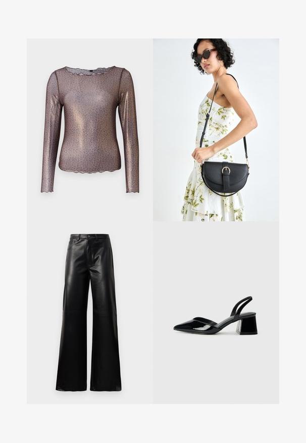 Rjava majica z dolgimi rokavi z vzorcem leopardjega tiska, sijočo teksturo in valovitimi robovi. Narejena iz lahkotnega, prosojnega materiala.; Črne široke hlače iz umetnega usnja z visokim pasom, sprednjim gumbom, zadrgo, zanke za pas in stranskimi žepi na beli podlagi.; Črne lakirane slingback pete s koničastim nosom in geometrijsko blokasto peto. Imajo eleganten, minimalističen dizajn in gladko teksturo.; Črna usnjena torbica s ukrivljeno obliko, z odstranljivo naramnico in zlatimi dodatki. Torbica ima pokrov s podrobnostmi v obliki zaponke.