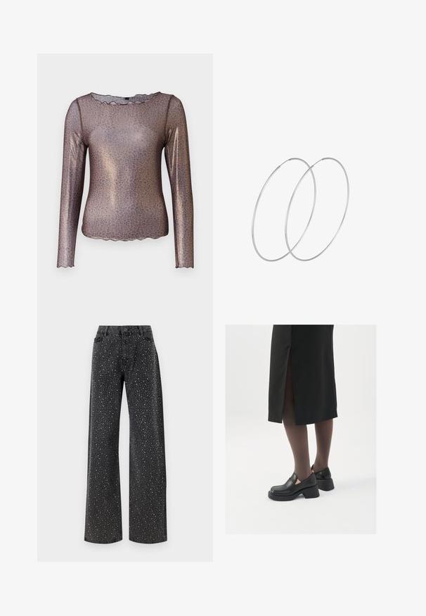 Brown long-sleeve top with a leopard print pattern, shiny texture, and scalloped neckline. Made from a lightweight, sheer material.; Noisy May NMJANNEL LOOSE - Relaxed fit jeans - black denim; Black leather shoes with a rounded toe, thick block heel, and elastic side accents, paired with dark tights and a black skirt with a slit.; Silver hoop earrings with a minimalist design. Circular shape, smooth texture, and thin profile. Lightweight with a polished finish.