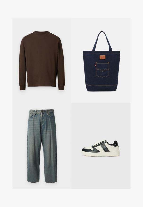 Barna, hosszú ujjú, puha anyagból készült póló, kerek nyakkivágással és egyenes szabással, látható minták vagy fémalkatrészek nélkül.; Világoskék farmernadrág, laza fazonnal, közepes derékbőséggel és egyenes szárral. Öt zsebet, övbucskát és gombos záródást tartalmaz.; Fekete és krém színű bőrsneaker, perforált díszítésekkel, párnázott bokapánttal és texturált talppal.; Sötétkék farmer bevásárlótáska két fogantyúval, látható varrással és egy elülső zsebbel, amelyen klasszikus logó folt található.