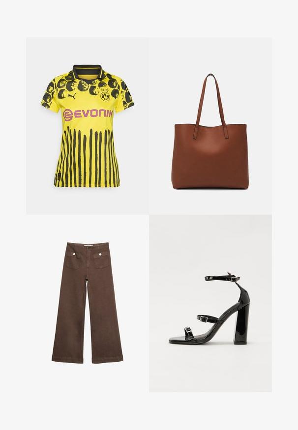 Žuta sportska majica s crnim životinjskim uzorkom i vertikalnim prugama. Ima ovratnik, Puma logotip i Evonik brendiranje u ružičastoj boji.; Smeđe široke hlače od pamuka, s dva prednja džepa sa srebrnim dugmadima i glatkom teksturom.; Crne lakirane sandale na pete sa kvadratnim nosom, trakama oko gležnja i srebrnim kopčama. Imaju čvrst blok petu za stabilnost.; Smeđa kožna torba preko ramena s glatkom teksturom, otvorenim vrhom i dvjema naramenicama. Ima minimalne šavove i nema vidljivog hardvera.