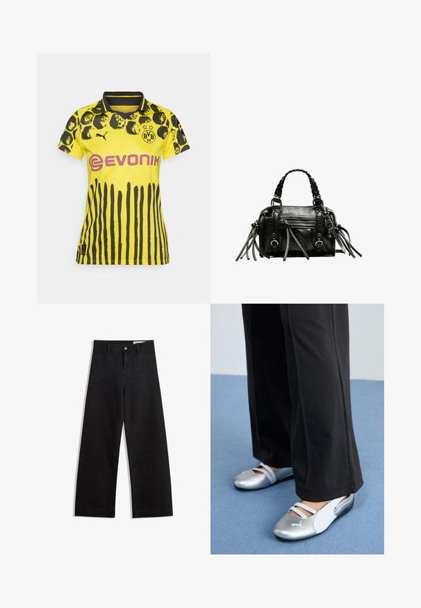 Maglia sportiva gialla con stampa animale nera e strisce verticali. Presenta un colletto, il logo Puma e il marchio Evonik in rosa.; Pantaloni in denim neri a gamba larga con vita alta, dotati di tasche anteriori e posteriori, cuciture a punto, e chiusura con bottone. Texture liscia.; Scarpe piatte argento e bianche con cinturini incrociati e dettagli testurizzati, abbinate a pantaloni neri larghi. Ambientate su un pavimento blu.; Borsa a mano in pelle nera con manici intrecciati, superficie testurizzata, tasca frontale con zip e dettagli decorativi in frange. Forma compatta e ben strutturata.