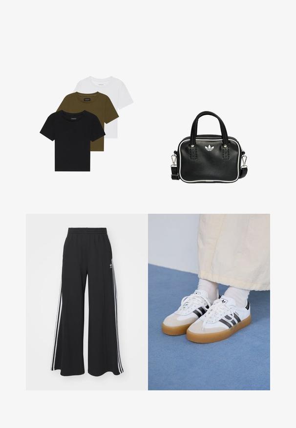 Tričko s okrúhlym výstrihom v čiernej, olivovo zelenej a bielej farbe. Krátke rukávy, rypsové výstrihy a priliehavý strih.; Čierne široké teplákové nohavice s elastickým pásom, so bielymi bočnými prúžkami a výšivkou loga na ľavom stehne.; Biele tenisky s čiernymi pruhmi a béžovými semišovými detailmi. Majú textúrovanú gumovú podrážku a ploché biele šnúrky, kombinované s svetlými ponožkami.; Čierna kožená kabelka s dvoma krátkymi držadlami, striebornými kovovými doplnkami, bielymi akcentmi a bielym logom. Vyznačuje sa textúrovaným povrchom a kompaktným dizajnom.