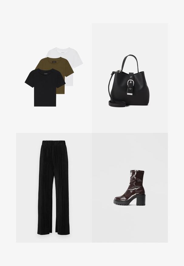 Trīs kreklveida t-krekli melnā, olīvzaļā un baltā krāsā. Īsas piedurknes, ribota apkakle un pieguļoša dizains.; Melni plīšu bikses ar elastīgu jostu. Tām ir platākas kājas un gluda, teksturēta auduma ar vertikālām svītrām.; Spīdīgas bordo potīšu botītes ar masīlu melnu papēdi, kurām ir gluda tekstūra un vienkāršs dizains. Nav redzamu aizdari vai rakstu.; Melnas spaiša formas somiņas, kas izgatavota no gludas ādas, ar strukturētu formu, īsu rokturi un noņemamu plecu siksnu. Sudraba sprādzes detaļa.