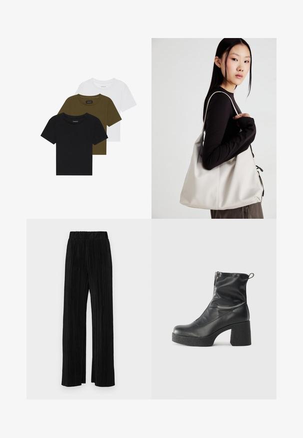 Three crew-neck t-shirts in black, olive green, and white. Short sleeves, ribbed necklines, and a fitted design.; Black pleated trousers with an elastic waistband. Features wide legs and a smooth, textured fabric with vertical stripes.; Black ankle boots made of smooth leather, featuring a side zipper, chunky textured heel, and rounded toe design.; Beige handbag made of soft material, featuring a slouchy design, stitched detailing, and two shoulder straps. Suitable for everyday use.