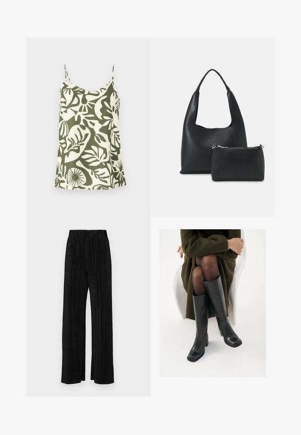 Roheline ja kreemjas tank top lehe mustriga, õhukeste õlavarre rihmadega, lõdva istuvuse ja ümmarguse kaeluse kujundusega.; Mustad pleekitud püksid elastse vöökohtaga. Omavad laiad jalad ja sujuvat, tekstureeritud kangast vertikaalsete triipudega.; Knee-high mustad nahast saapad nelinurkse varbaga ja plokilise kontsaga, esitatud mudeli kõrval, kes istub oliivirohelises mantlis. Sujuv tekstuur, minimaalne detailide arv.; Even&Odd Käekott - black