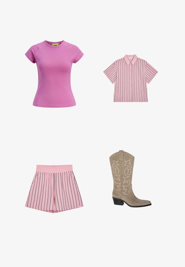 Rövid rózsaszín póló kerek nyakkivágással, rövid raglánujjakkal és testhezálló szabással. Sima pamut anyagból készült. Címke látható a belső részén.; Rövid ujjú, galléros ing, rózsaszín, sötétkék függőleges csíkokkal, gombos elöl, sima anyag, laza szabás, és diszkrét márkacímke a hátsó részen.; Világos rózsaszín nadrág rövidebb szárú, függőleges tengerészkék csíkokkal, rugalmas derékkal és oldalsó zsebekkel. Puha anyagból készült, lazább fazonnal.; PULL&BEAR Cowboy és motoros csizmák - taupe