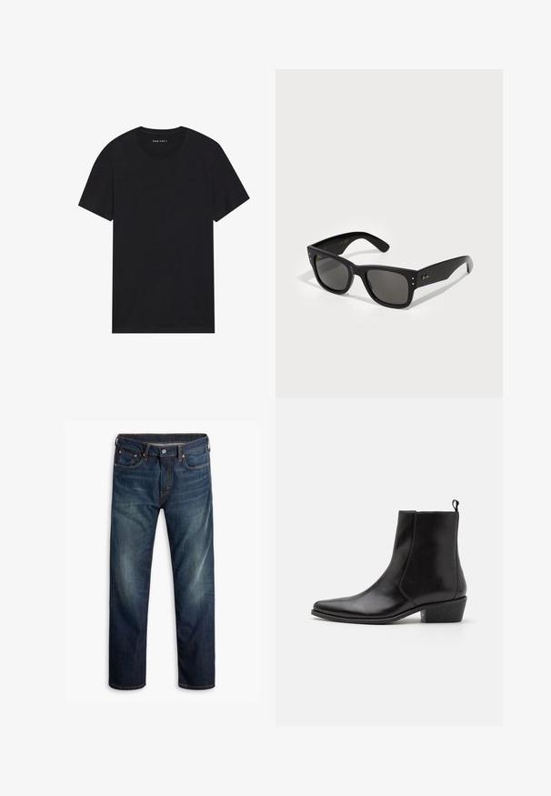 Černé bavlněné tričko s krátkými rukávy a kulatým výstřihem. Tkanina má hladkou strukturu a jednoduchý, jednobarevný design.; Tmavě modré džíny z denimu s mírným vyblednutím na stehnech, design s pěti kapsami, zapínání na knoflík a viditelné oranžové švy na bílém pozadí.; Zign LEATHER - Kovbojské/motorkářské kotníkové boty - black; Černé sluneční brýle se čtvercovým rámem, se tmavými skly. Akcentovány malými zlatými tečkami a zlatým logem na spánku. Hladký povrch.